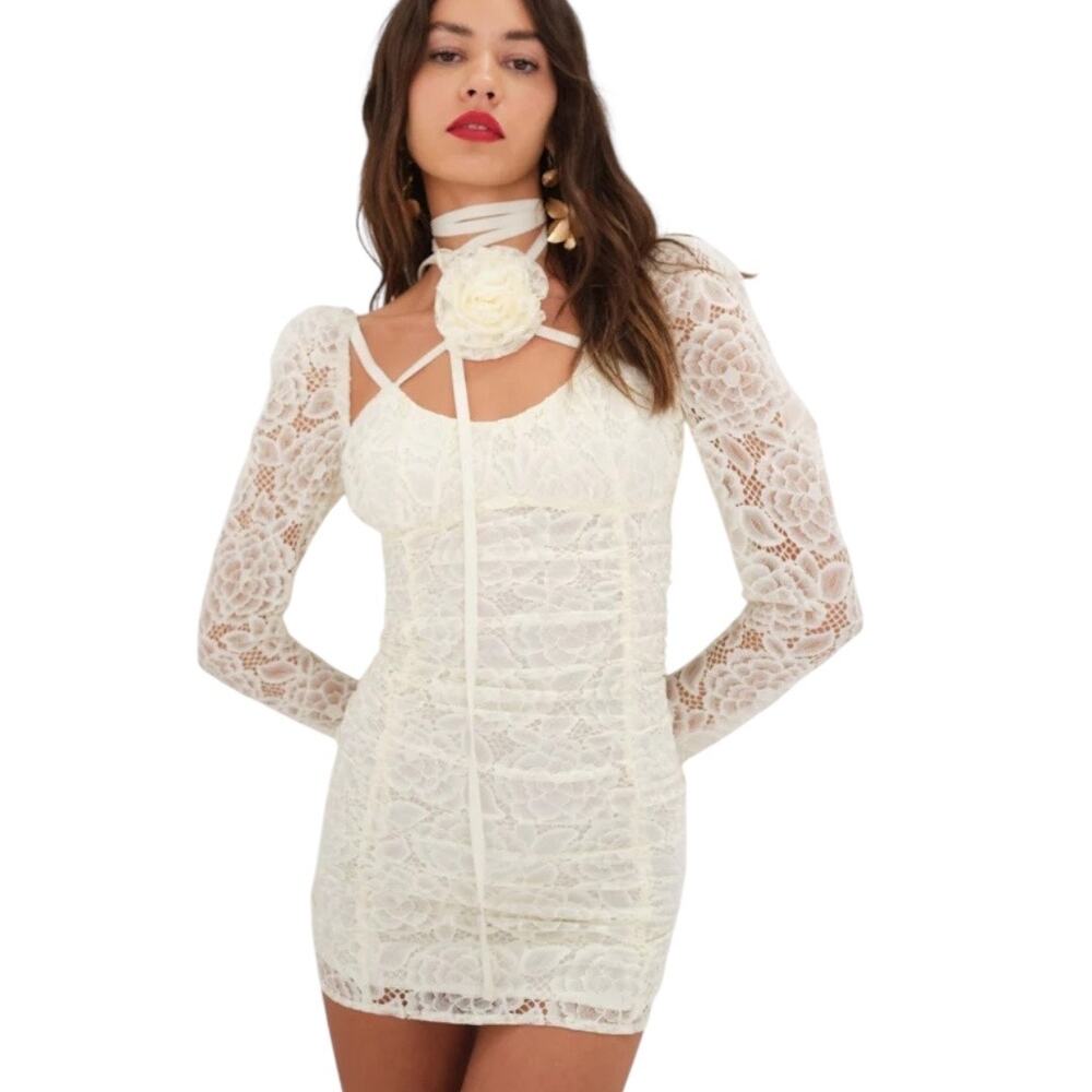 For Love & Lemons Belladonna Mini Dress Small Lace Rosette Long Sleeve Ruched